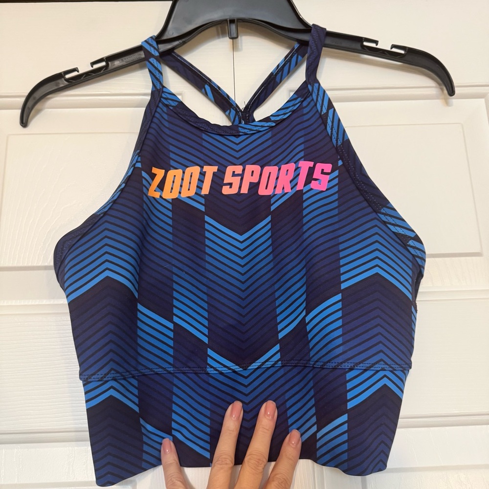 Zoot Tri Run Crop Top Black and‎ Blue Racing Pattern